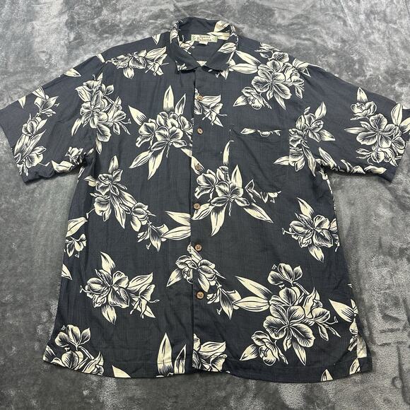 Tommy Bahama Shirt Mens Large Black Button Up Hawaiian Floral Aloha Camp - Picture 1 of 7